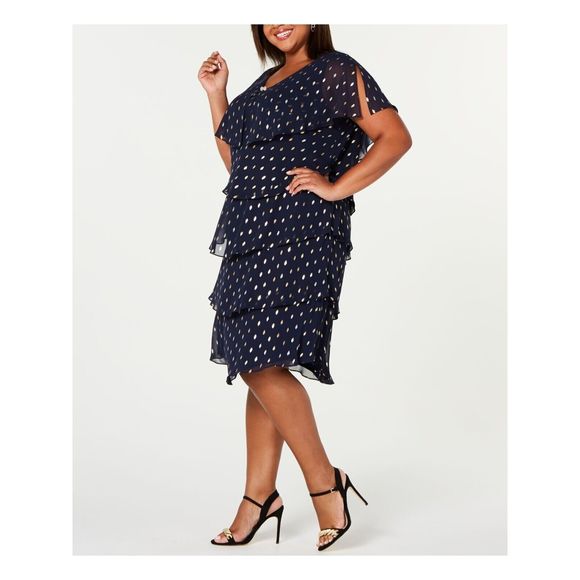 SLNY Women's Sz 16W Navy Gold Printed Flutter Knee Length Shift Party Dress $129 - Picture 12 of 13